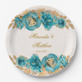 Prato De Papel Teal e Cremy Dourado Watercolor Florals Casamento