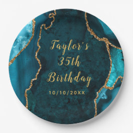 Prato De Papel Teal e Dourada Agate Marble Birthday