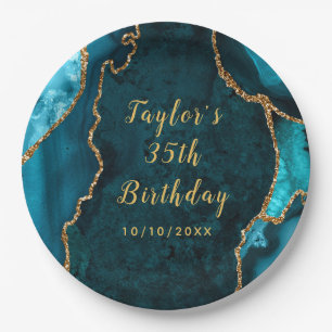 Prato De Papel Teal e Dourada Agate Marble Birthday