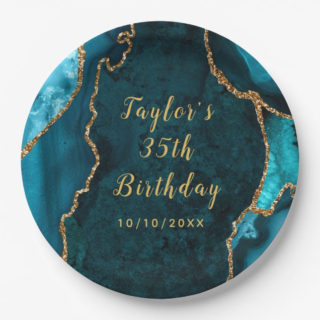 Prato De Papel Teal e Dourada Agate Marble Birthday (Frente)