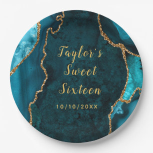 Prato De Papel Teal e Dourada Agate Marble Sweet 16