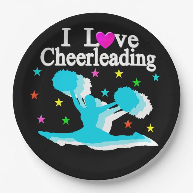 PRATO DE PAPEL TEAL E NEGRO EU AMO PLACAS DE PAPEL CHEERLEADING (Frente)