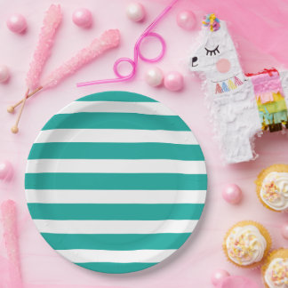 Prato De Papel Teal e Stripes Brancas