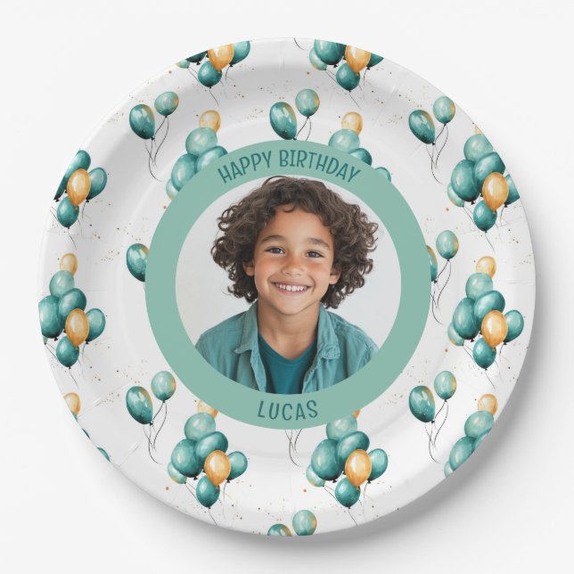Prato De Papel Teal Faux Gold Balloons Photo (Frente)