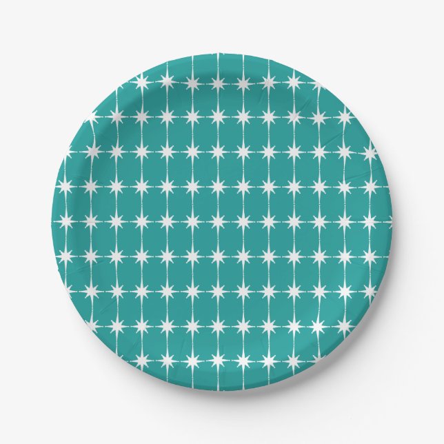 Prato De Papel Teal Moderno do Padrão Estelar do Século médio (Frente)