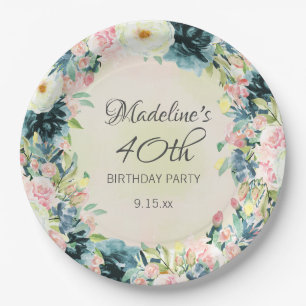 Prato De Papel Teal Rosa Creme Floral Aniversário de 40 anos para