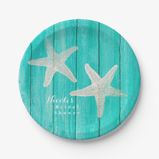 Prato De Papel Teal Wood & Starfish Beach Chic Tropical Elegante (Frente)