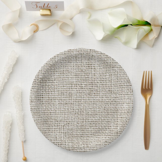 Prato De Papel Tecido Bege Neutro de Linho Falso Elegante  (Casamento)