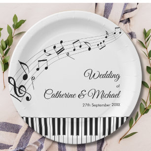 Prato De Papel Teclas de Piano Notas Musicais Casamento Preto e B