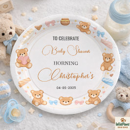 Prato De Papel Teddy Bear Baby Shower Boy | Cute Blue Bear