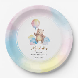 Prato De Papel Teddy Bear Balloon Clouds Beary First Birthday