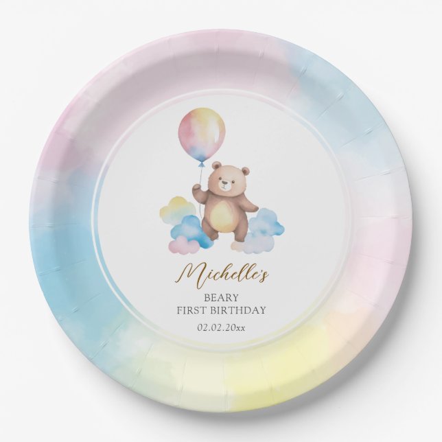 Prato De Papel Teddy Bear Balloon Clouds Beary First Birthday (Frente)