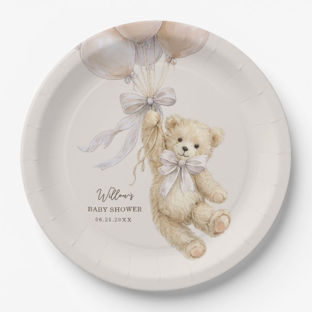 Prato De Papel Teddy Bear Balloons Baby Shower Paper Plates (Frente)