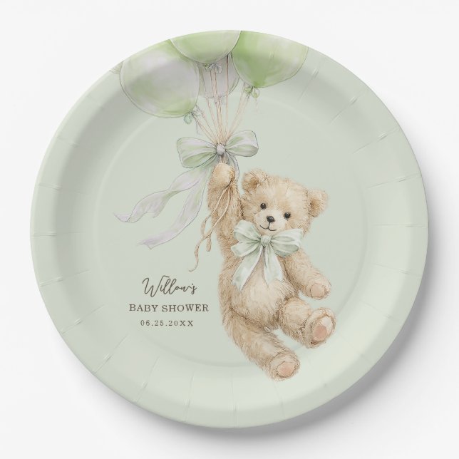Prato De Papel Teddy Bear Balloons Baby Shower Paper Plates (Frente)