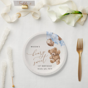 Prato De Papel Teddy Bear, Balões Azuis, Primeiro Aniversário