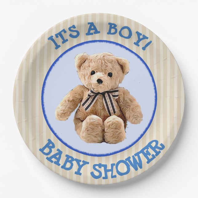 Prato De Papel Teddy Bear Blue e Tan Polka Dotted Party Plate (Frente)