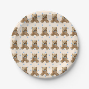 Prato De Papel Teddy Bear Blue e Tan Polka Plate