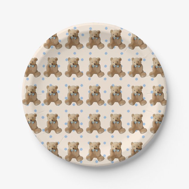 Prato De Papel Teddy Bear Blue e Tan Polka Plate (Frente)