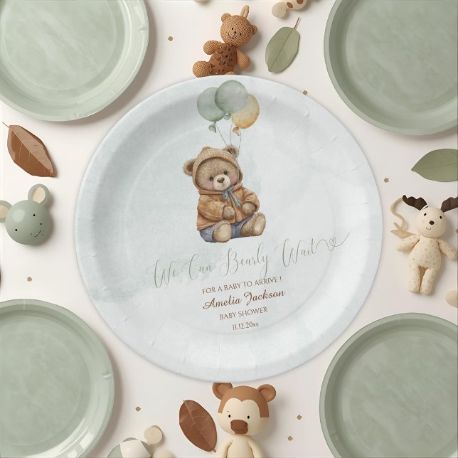 Prato De Papel Teddy Bear Brown Sage Green Balloons Baby (Criador carregado)
