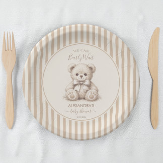 Prato De Papel Teddy Bear & Brown Stripes Bearly Wait Baby Shower