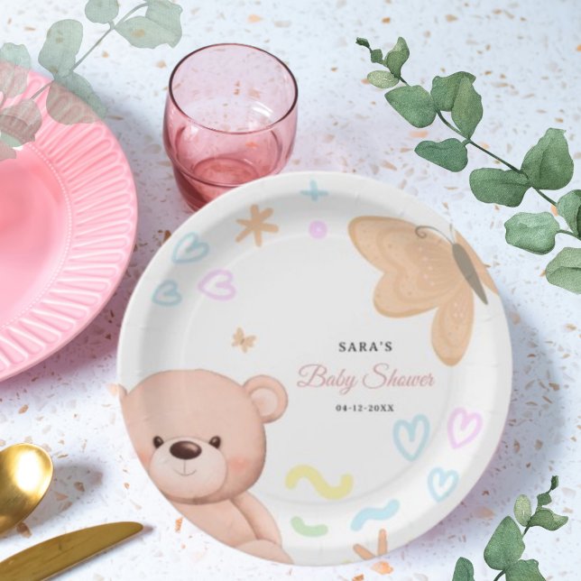 Prato De Papel Teddy Bear Cute Pastel Cartoon Chá de fraldas (For more advanced customization of this design, simply select the "Personalize it" button above!)