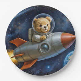 Prato De Papel Teddy Bear Flying In a Rocket Ship
