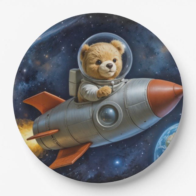 Prato De Papel Teddy Bear Flying In a Rocket Ship (Frente)