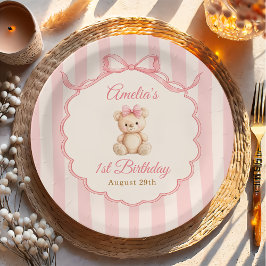 Prato De Papel Teddy Bear Girls Pink Bow Stripes 1st Birthday