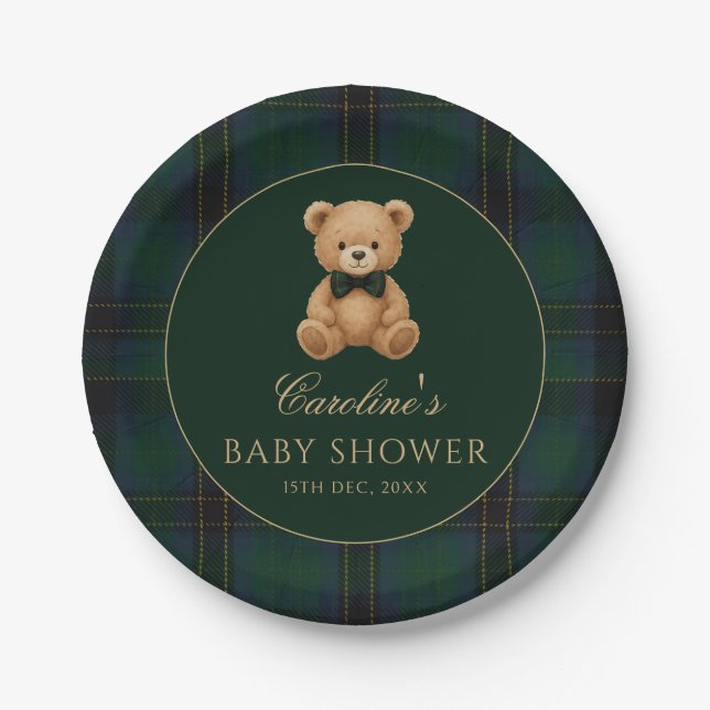 Prato De Papel Teddy Bear Green Tartan Baby Shower Paper Plates (Frente)