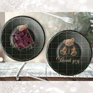 Prato De Papel Teddy Bear Green Tartan Paper Plate