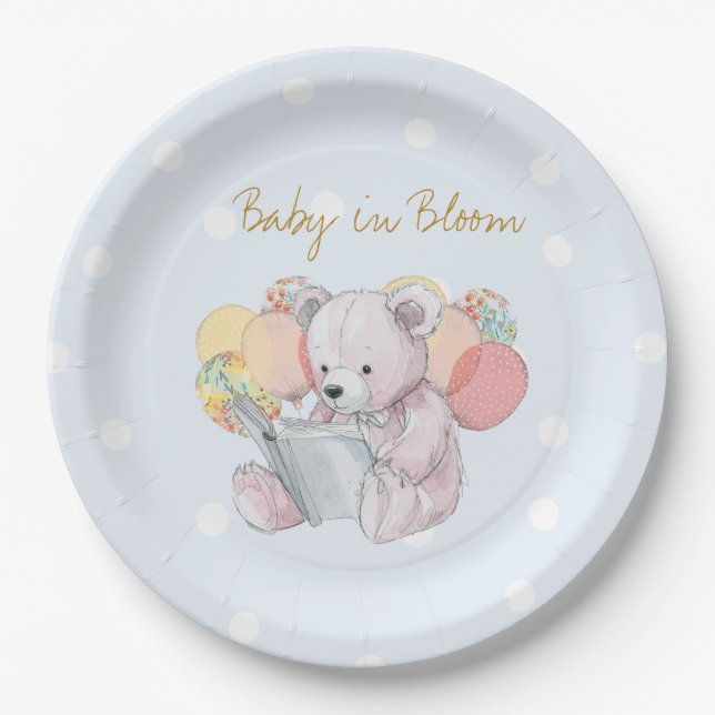 Prato De Papel Teddy Bear lendo um livro Baby in Bloom (Frente)