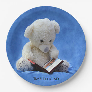 Prato De Papel Teddy Bear Time to Read Blue Stuffed Animal, ZKOA
