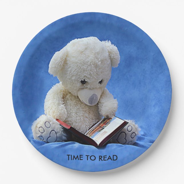 Prato De Papel Teddy Bear Time to Read Blue Stuffed Animal, ZKOA (Frente)