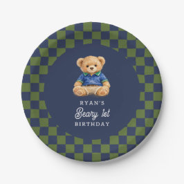 Prato De Papel Teddy Beary 1st Birthday Checkboard Retro