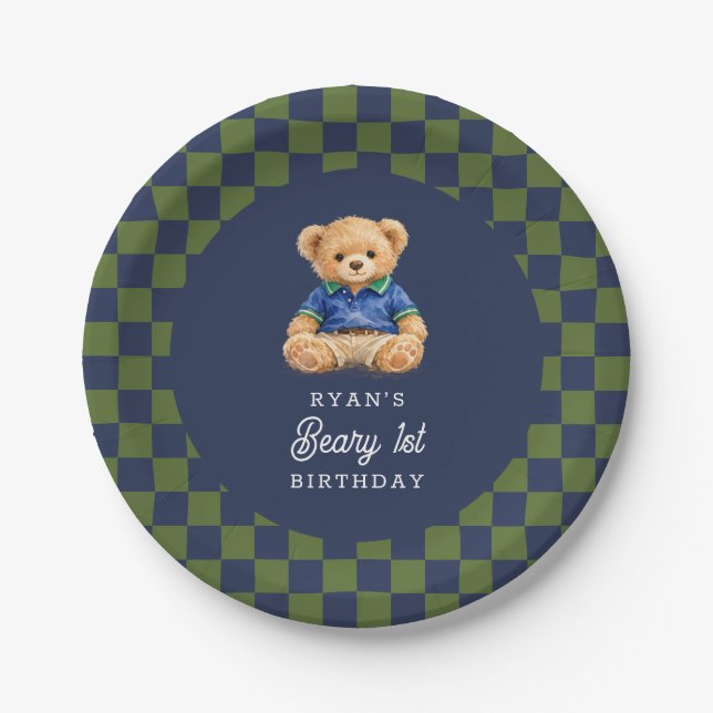 Prato De Papel Teddy Beary 1st Birthday Checkboard Retro (Frente)