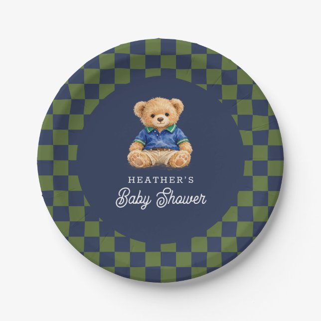 Prato De Papel Teddy Beary Checkboard Retro Baby Shower (Frente)