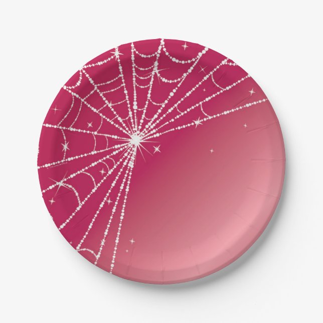 Prato De Papel Teia de Aranha Brilhante Rosa e Branco (Frente)