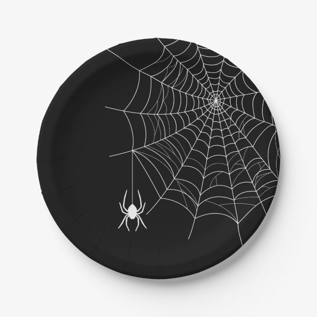 Prato De Papel Teia de Aranha Preta e Branca e Aranha de Hallowee (Frente)