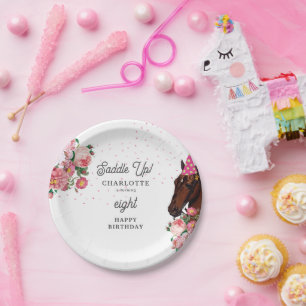Prato De Papel Tema de Aniversário de Cavalo Rosa Floral Menina V