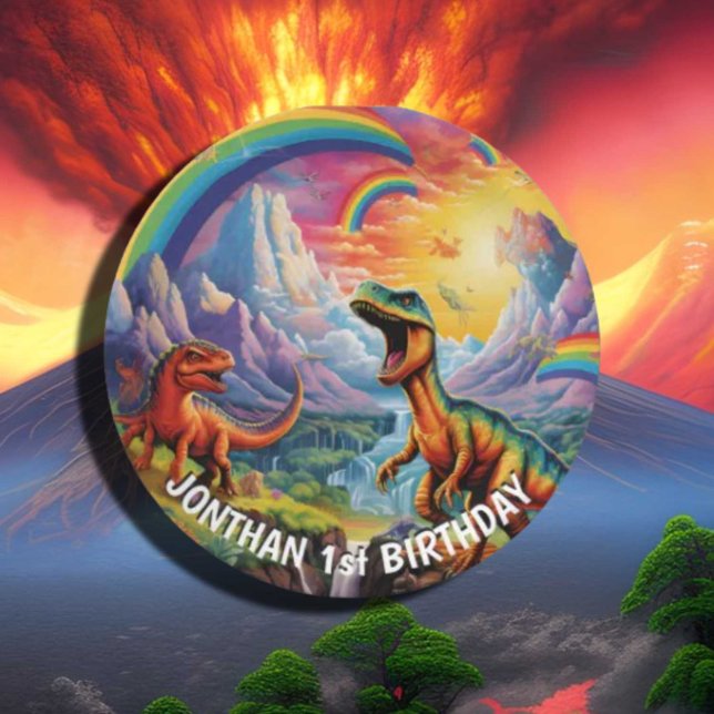Prato De Papel Tema de aniversário do Rainbow Wild One dinossauro (Criador carregado)