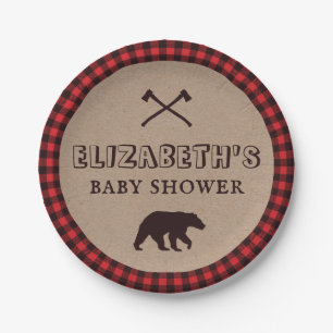 Prato De Papel Tema de Chá de Bebê Lumberjack Xadrez Búfalo Rústi
