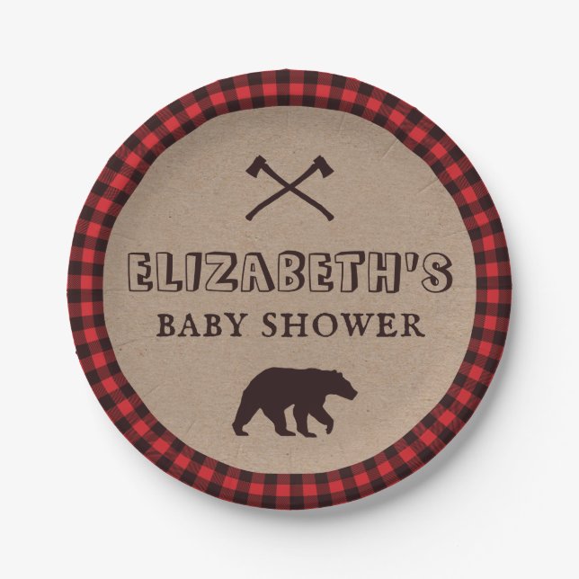 Prato De Papel Tema de Chá de Bebê Lumberjack Xadrez Búfalo Rústi (Frente)