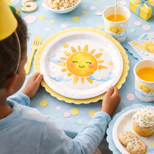 Prato De Papel Tema de Chuvinha de Bebê Sol Sorridente Azul