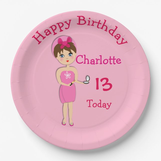 Prato De Papel Tema De Festa De Pamper, Rapariga, Bonita E Divert (Frente)