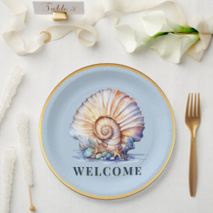 Prato De Papel Tema de luxo concha marinha azul dourado praia piq