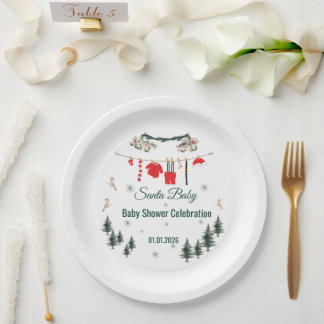 Prato De Papel Tema de Natal Santa Baby para Chá de Bebê