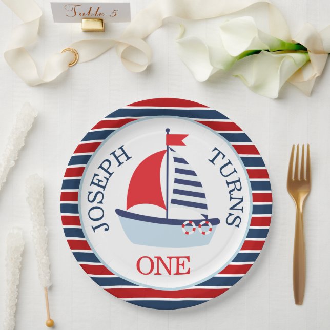 Prato De Papel Tema Fofo de Barco à Vela Náutico (Casamento)