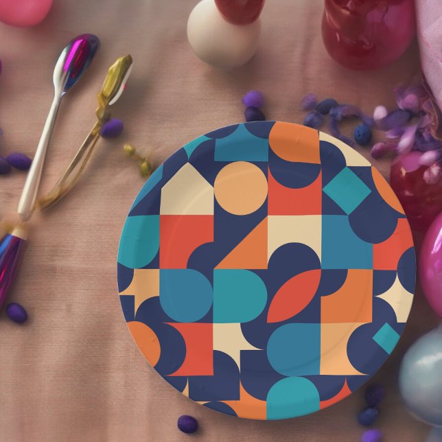 Prato De Papel Tema Retroativo (Bauhaus retro style,birthday,wedding,baby shower,special occasion event paper plate party supplies)