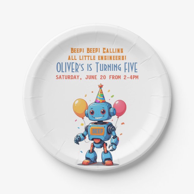 Prato De Papel tema robô com balões aquarela (Frente)