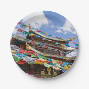 Prato De Papel Templo Tibetano com bandeiras de oração - Yunnan,